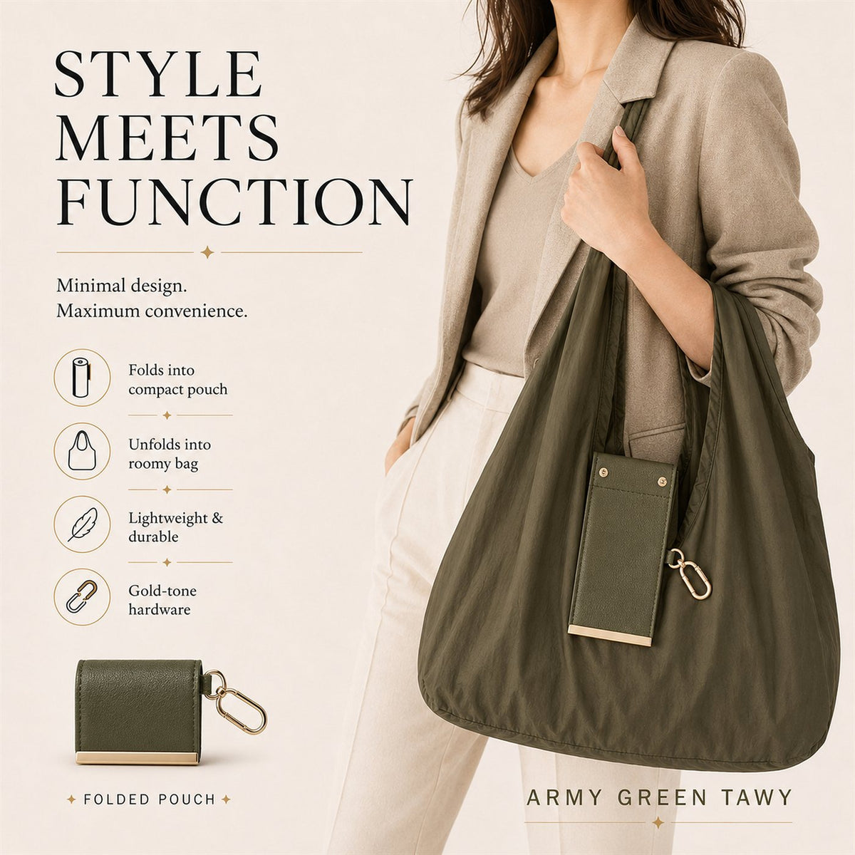 TAHWBAG foldable army green tote styled for everyday use