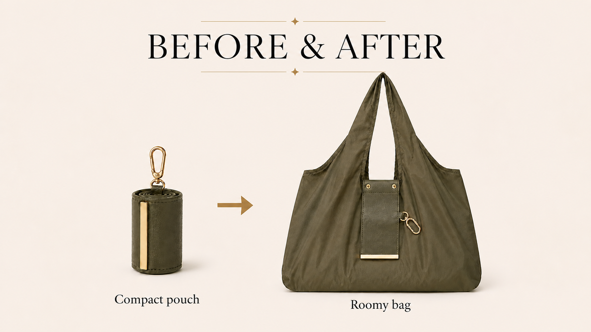 TAHWBAG transforming from a compact pouch into a roomy tote