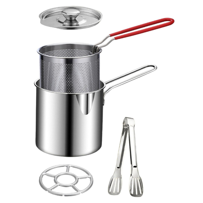 🍟 Personal Mini Deep Fryer Set – Stainless Steel Pot with Lift-Out Draining Basket & Food Tongs