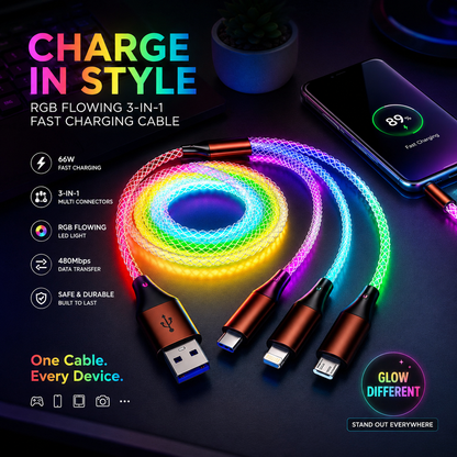 🌈 Charge in Style, Glow in Motion – RGB Flowing 3-in-1 Fast Charging Cable