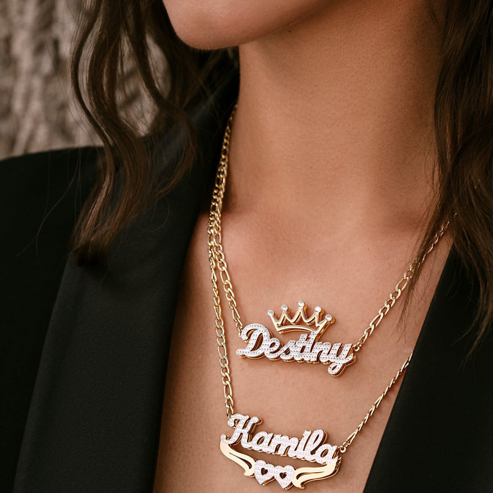 Charlotte Double Plated Crown Name Necklace w/ Figaro Chain