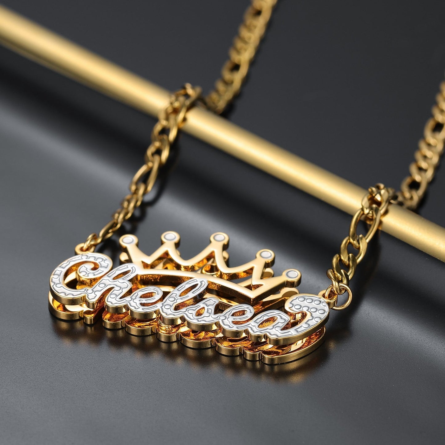Charlotte Double Plated Crown Name Necklace w/ Figaro Chain