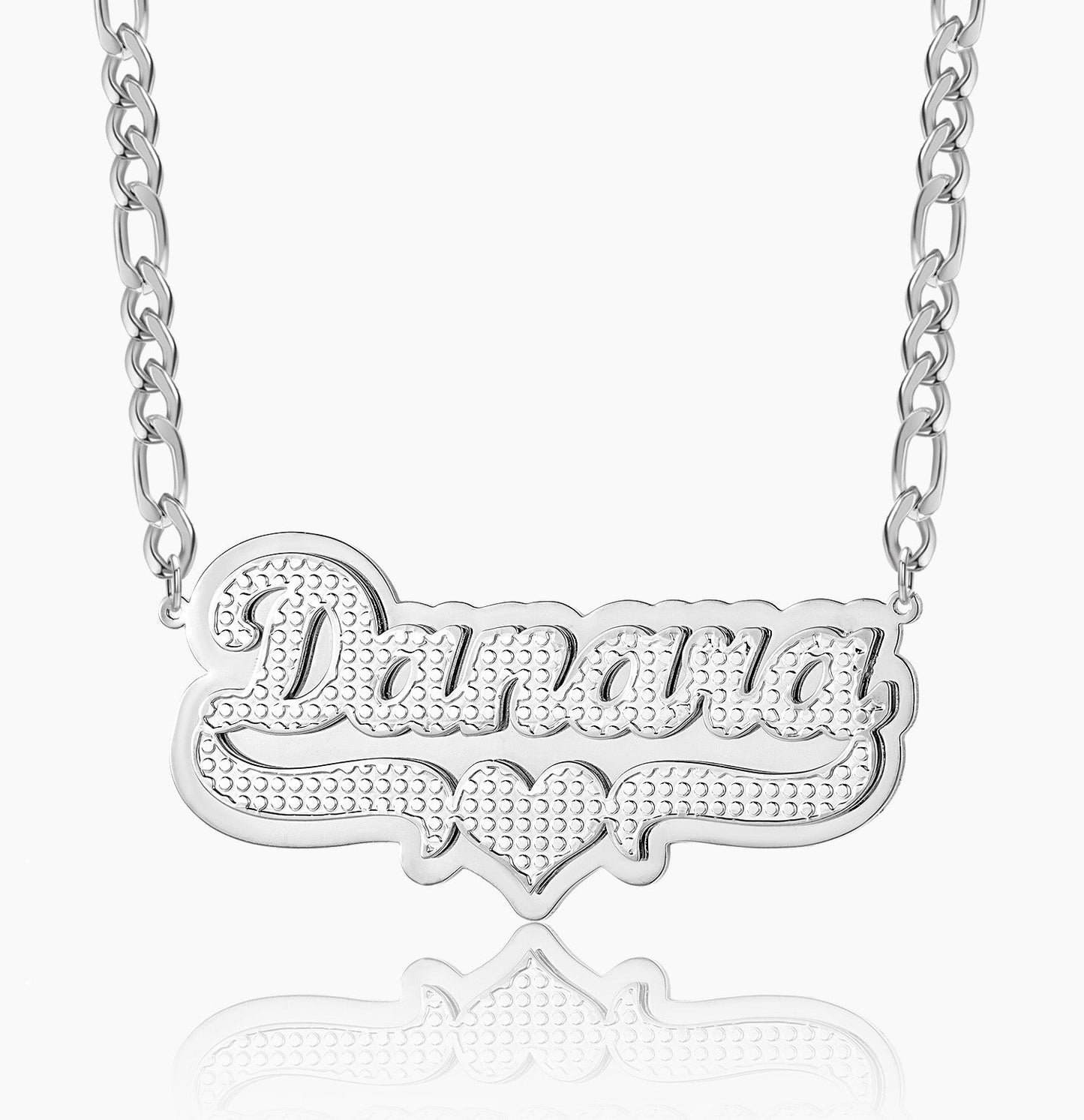 Diana Double Plated Pop Out Heart Name Necklace w/ Figaro Chain