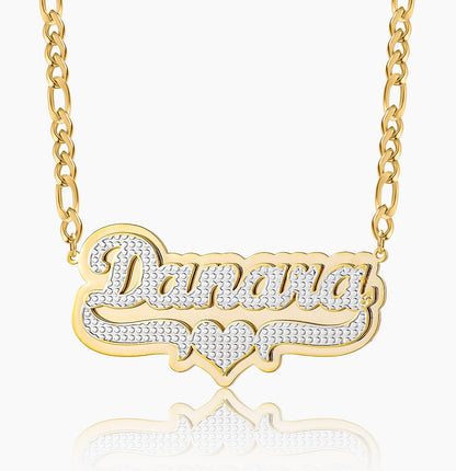 Diana Double Plated Pop Out Heart Name Necklace w/ Figaro Chain