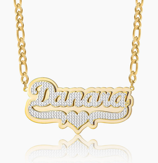 Diana Double Plated Pop Out Heart Name Necklace w/ Figaro Chain