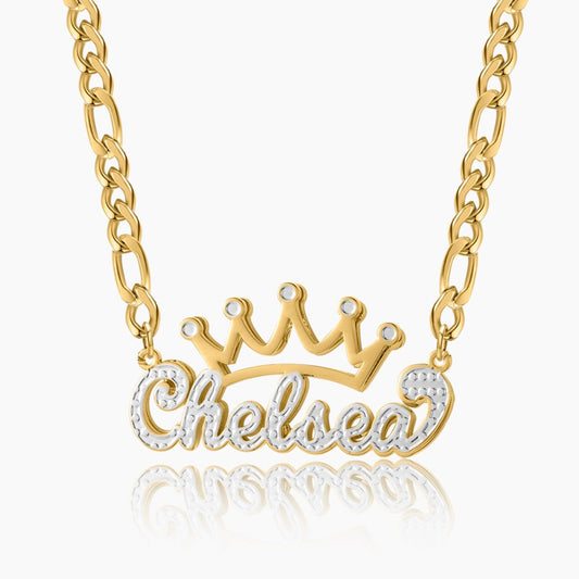 Charlotte Double Plated Crown Name Necklace w/ Figaro Chain