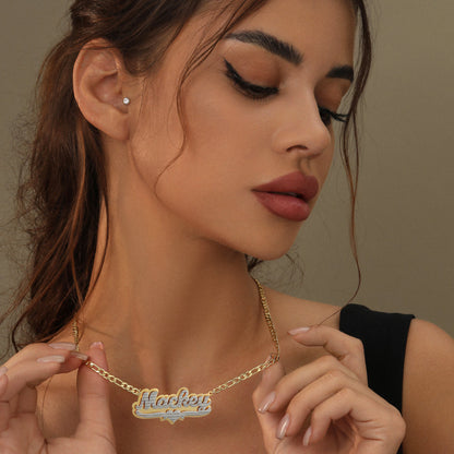 Diana Double Plated Pop Out Heart Name Necklace w/ Figaro Chain