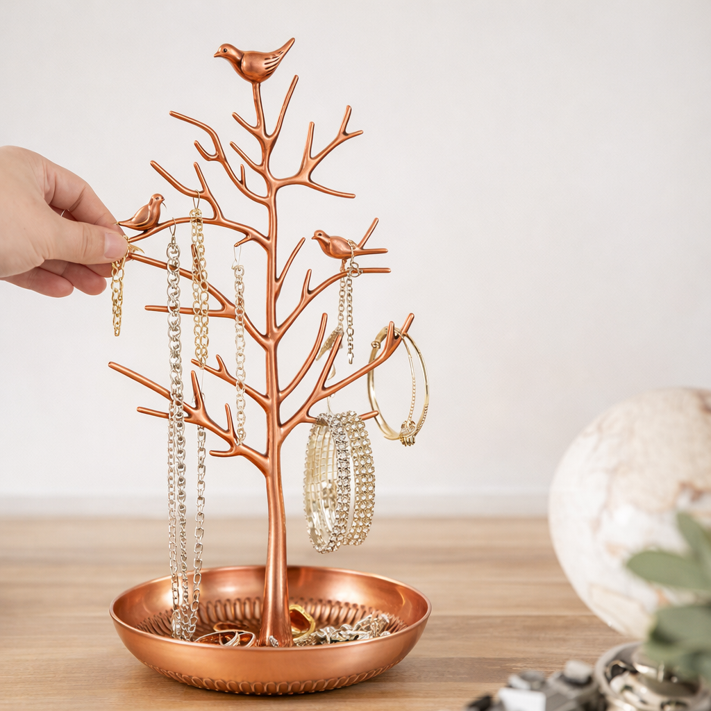 Bird Branch Jewelry Organizer Stand with Tray