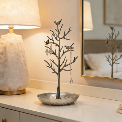 Bird Branch Jewelry Organizer Stand with Tray